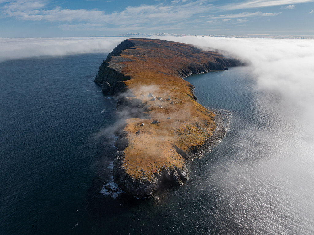 An aerial view of an abandoned research station on Koluchin Island, off Chukotka, Russia, in the country's Far East, on Sunday, Sept. 14, 2025. (AP Photo/Vadim Makhorov)