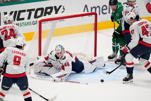 Washington Capitals goaltender Logan Thompson (48) defends against a loose puck as Connor McMichael (24), Ryan Leonard (9) and Declan Chisholm (47) help to clear it as Dallas Stars left wing Adam Erne (73) pressures on the play in the first period of an NHL hockey game Tuesday, Oct. 28, 2025, in Dallas. (AP Photo/Tony Gutierrez) Washington Capitals goaltender Logan Thompson (48) defends against a loose puck as Connor McMichael (24), Ryan Leonard (9) and Declan Chisholm (47) help to clear it as Dallas Stars left wing Adam Erne (73) pressures on the play in the first period of an NHL hockey game Tuesday, Oct. 28, 2025, in Dallas. (AP Photo/Tony Gutierrez)