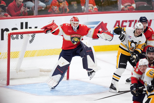 Florida Panthers goaltender Sergei Bobrovsky (72) reacts as the Pittsburgh Penguins looks for a chance to score during the second period of an NHL hockey game, Thursday, Oct. 23, 2025, in Sunrise, Fla. (AP Photo/Rebecca Blackwell) Florida Panthers goaltender Sergei Bobrovsky (72) reacts as the Pittsburgh Penguins looks for a chance to score during the second period of an NHL hockey game, Thursday, Oct. 23, 2025, in Sunrise, Fla. (AP Photo/Rebecca Blackwell)