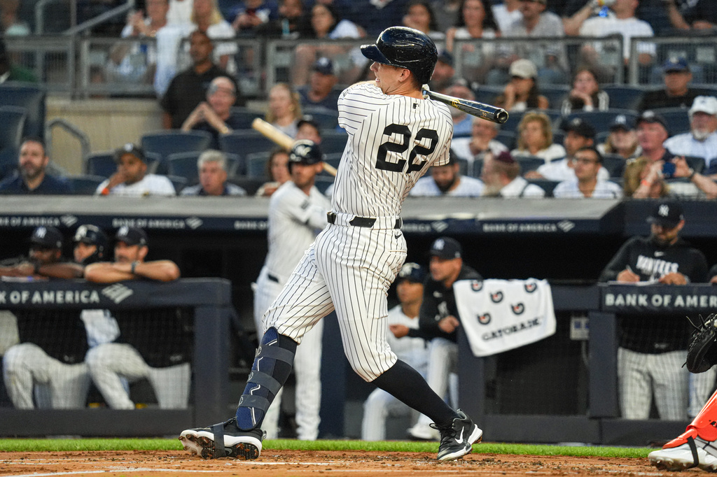 New York Yankees designated hitter Ben Rice hits a solo home run during the first inning of a baseball game against the Houston Astros Wednesday, Aug. 26, 2026, in New York. (AP Photo/Ryan Murphy)
