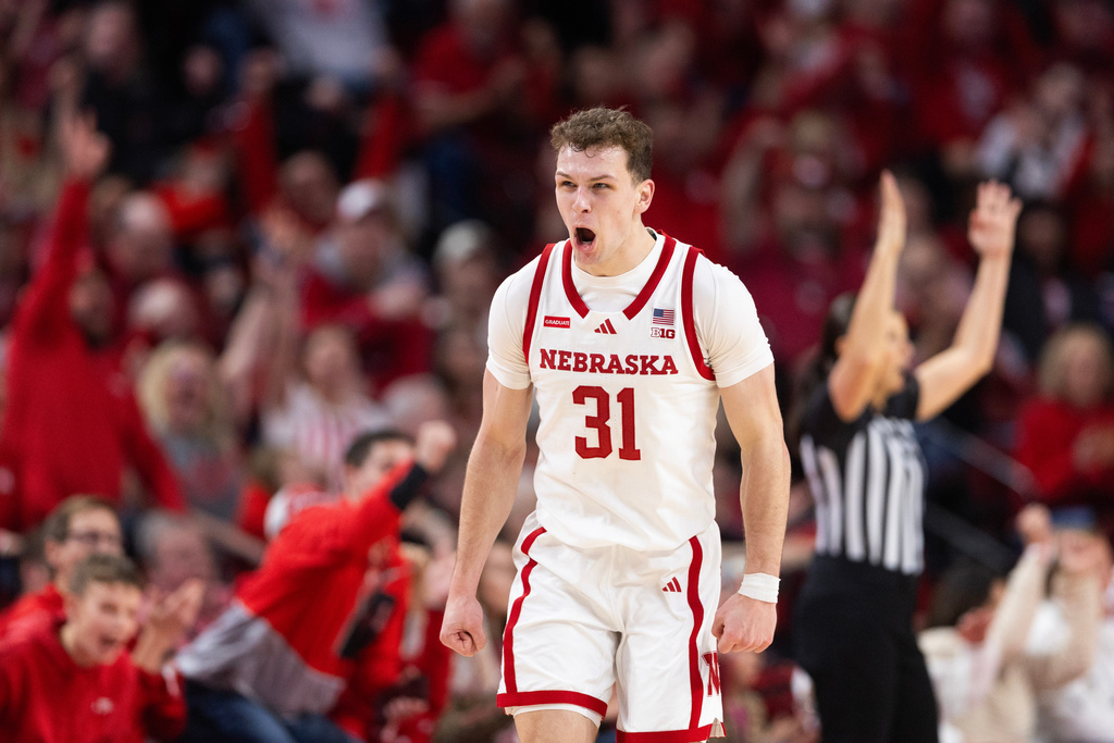 Nebraska's Cale Jacobsen (31) celebrates after making a 3-point shot against Northwestern during the second half of an NCAA college basketball game Saturday, Feb. 14, 2026, in Lincoln, Neb. (AP Photo/Rebecca S. Gratz)
