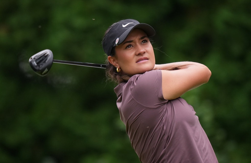 Kiara Romero, of the U.S., watches her tee shot on the fourth hole during the third round at the LPGA Women's Open golf tournament, in Edmonton, Saturday, Aug. 22, 2026. (Darryl Dyck/The Canadian Press via AP)