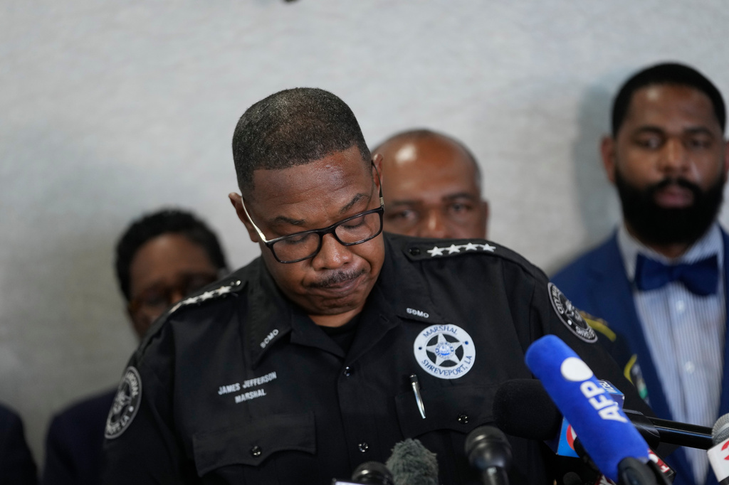 Shreveport Marshal James Jefferson speaks during a news conference about the children were killed during a mass shooting the day before in Shreveport, La., Monday, April 20, 2026. (AP Photo/Gerald Herbert)