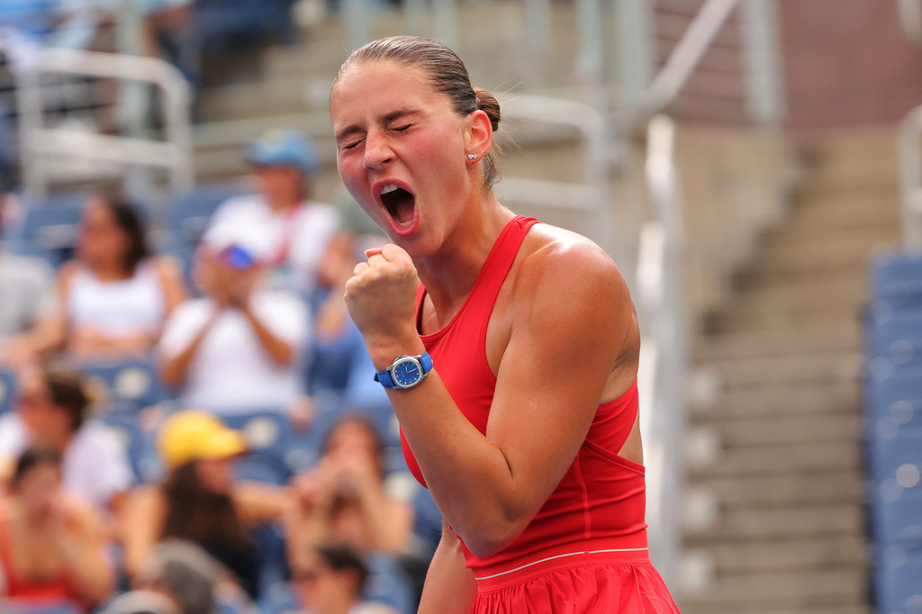 Marta Kostyuk, of Ukraine, reacts following a match against Storm Hunter, of Australia, during the first round of the U.S. Open tennis championships, Sunday, Aug. 30, 2026, in New York. (AP Photo/Andres Kudacki)