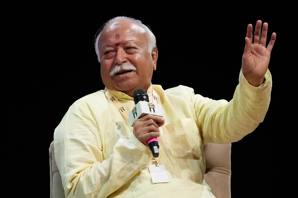 FILE - Rashtriya Swayamsevak Sangh (RSS) chief Mohan Bhagwat addresses students during an India International Movement to Unite Nations (IIMUN) event in Mumbai, India, Thursday, Aug. 6, 2026. (AP Photo/Rafiq Maqbool, File)