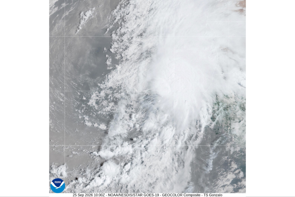This satellite image from the National Oceanic and Atmospheric Administration shows Tropical Storm Gonzalo in the Atlantic Ocean, Friday, Sept. 25, 2026. (NOAA via AP)