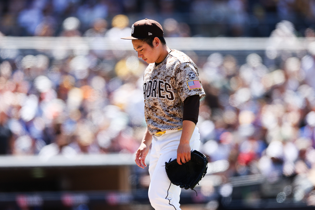 San Diego Padres' Yuki Matsui walks off the mound after being relieved in the sixth inning of a baseball game against the New York Mets Sunday, June 7, 2026, in San Diego. (AP Photo/Derrick Tuskan)