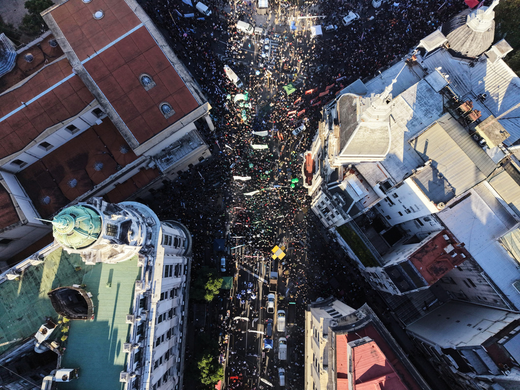 People protest for more public university funding in Buenos Aires, Argentina, Tuesday, May 12, 2026. (AP Photo/Rodrigo Abd)
