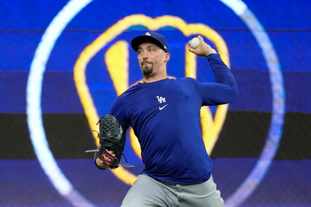 Los Angeles Dodgers pitcher Blake Snell throws during batting practice ahead of Game 1 of baseball's National League Championship Series between the Milwaukee Brewers and the Los Angeles Dodgers on Sunday, Oct. 12, 2025, in Milwaukee. (AP Photo/Ashley Landis)