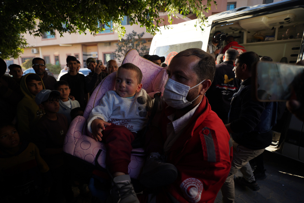 A group of toddlers return to Gaza more than two years after being evacuated as premature infants for medical treatment in Egypt, arriving at Nasser Hospital in Khan Younis, Gaza Strip, Monday, March 30, 2026. (AP Photo/Jehad Alshrafi)