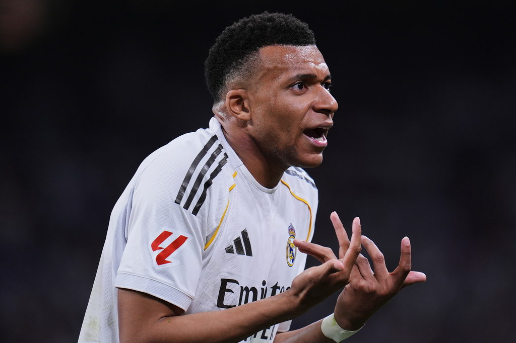Real Madrid's Kylian Mbappe reacts during a Spanish La Liga soccer match between Real Madrid and Girona in Madrid, Spain, Friday, April 10, 2026. (AP Photo/Manu Fernandez)