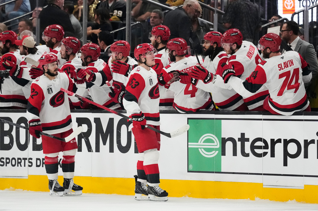 Carolina Hurricanes right wing Jackson Blake (53) celebrates his goal with teammates during the second period in Game 6 of the NHL hockey Stanley Cup Final series against the Vegas Golden Knights, Sunday, June 14, 2026, in Las Vegas. (AP Photo/John Locher)