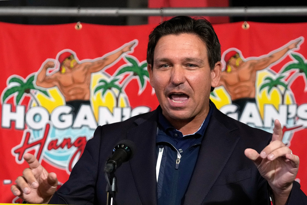 Florida Gov. Ron DeSantis speaks during a news conference after naming a trail in honor of wrestling legend Hulk Hogan Friday, Oct. 3, 2025, in Clearwater, Fla. (AP Photo/Chris O'Meara)