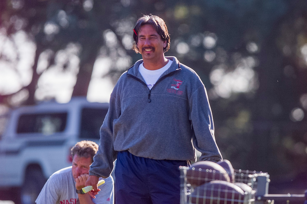 Coach John Beam during football practice at Skyline High School in Oakland, Calif., on Oct. 5, 2000. (Kendra Luck/San Francisco Chronicle via AP)
