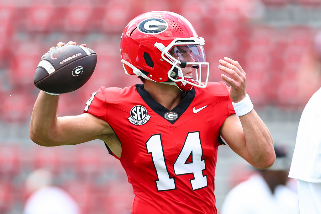 Georgia Bulldogs quarterback Gunner Stockton (14) warms up before an NCAA college football game against Tennessee State, Saturday, Sept. 5, 2026, in Athens, Ga. (AP Photo/Colin Hubbard)