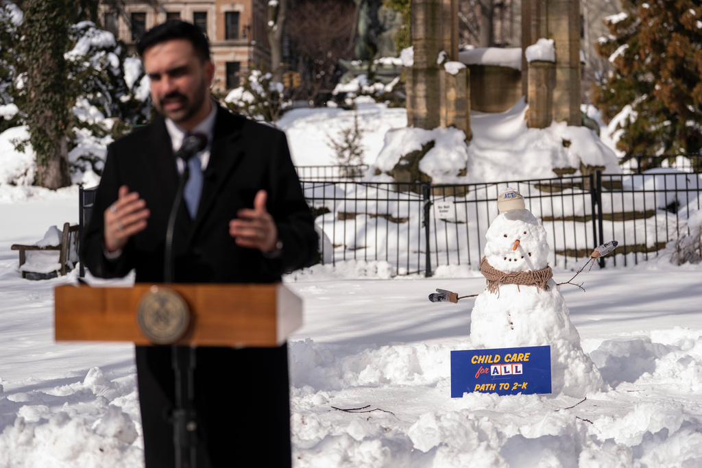 A snowman is seen while New York Mayor Zohran Mamdani speaks during a press conference in Morningside Heights, Wednesday, Feb. 25, 2026, in New York. (AP Photo/Yuki Iwamura)