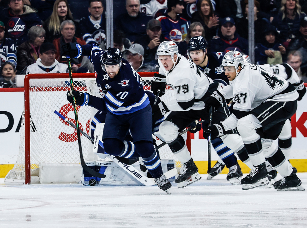 Winnipeg Jets' Tanner Pearson (70) makes his way out of his zone against the Los Angeles Kings during the second period of an NHL game in Winnipeg, Friday, January 9, 2026. (John Woods/The Canadian Press via AP)