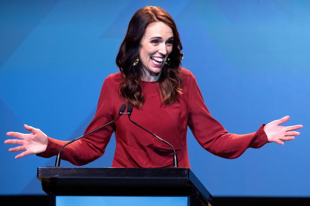 FILE - New Zealand Prime Minister Jacinda Ardern gestures as she gives her victory speech to Labour Party members at an event in Auckland, New Zealand, Oct. 17, 2020. (AP Photo/Mark Baker, File)