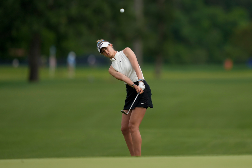 Nelly Korda chips onto the third hole during the first round of the Chevron Championship LPGA golf tournament Thursday, April 23, 2026, in Houston. (AP Photo/Ashley Landis)