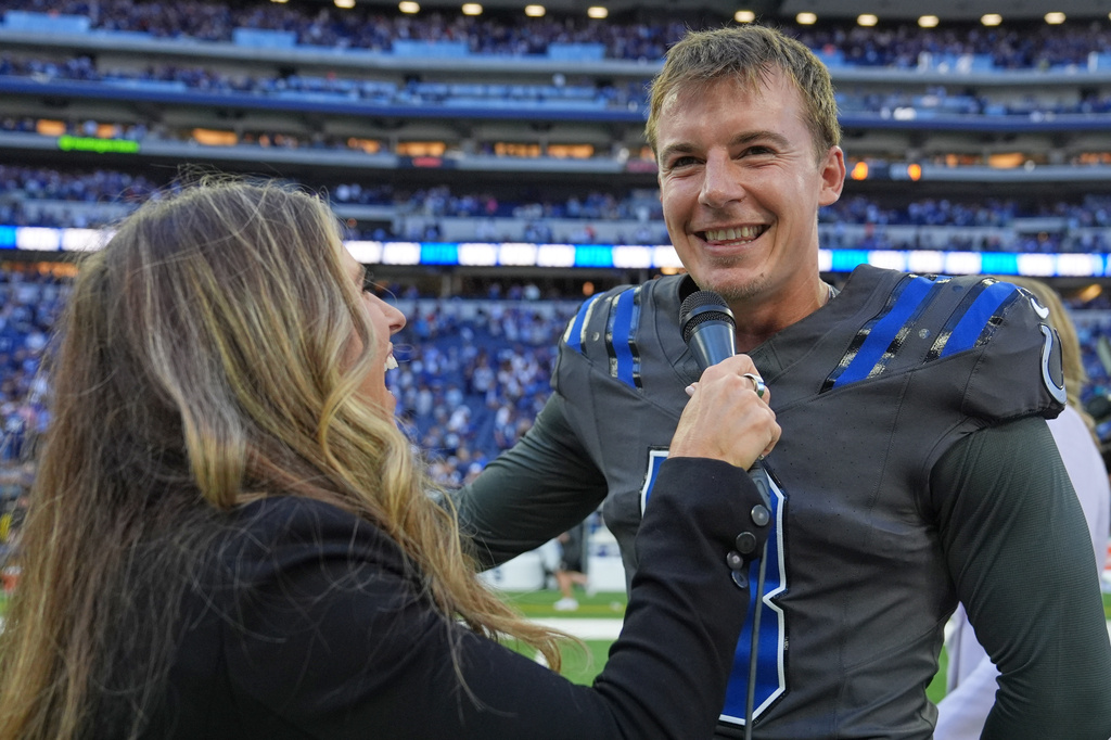 Indianapolis Colts kicker Spencer Shrader (3) smiles as he in interviewed after an NFL football game against the Houston Texans, Sunday, Sept. 27, 2026, in Indianapolis. (AP Photo/Jeff Roberson)