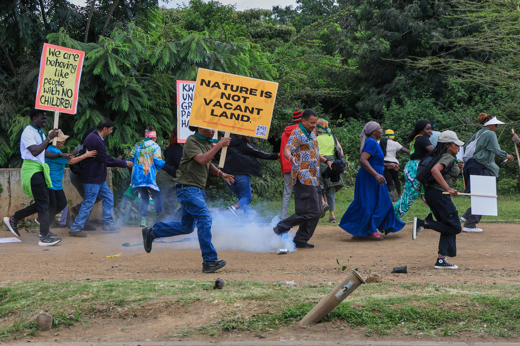 Protesters flee as anti-riot police launch tear gas during a protest over plans affecting Nairobi National Park in Nairobi, Kenya, Monday, June 8, 2026. (AP Photo/Andrew Kasuku)