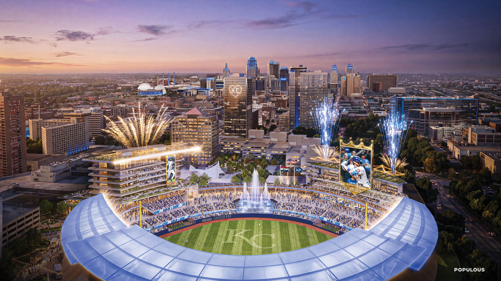 This artist's rendering provided by Populous and the Kansas City Royals, Wednesday, April 22, 2026, shows a rendition of the Royals' new baseball stadium to be constructed in downtown Kansas City, Mo. (Populous/Kansas City Royals via AP)