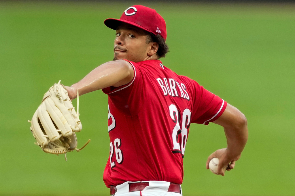 Cincinnati Reds pitcher Chase Burns throws during the first inning of a baseball game against the St. Louis Cardinals, Wednesday, Aug. 19, 2026, in Cincinnati. (AP Photo/Carolyn Kaster)
