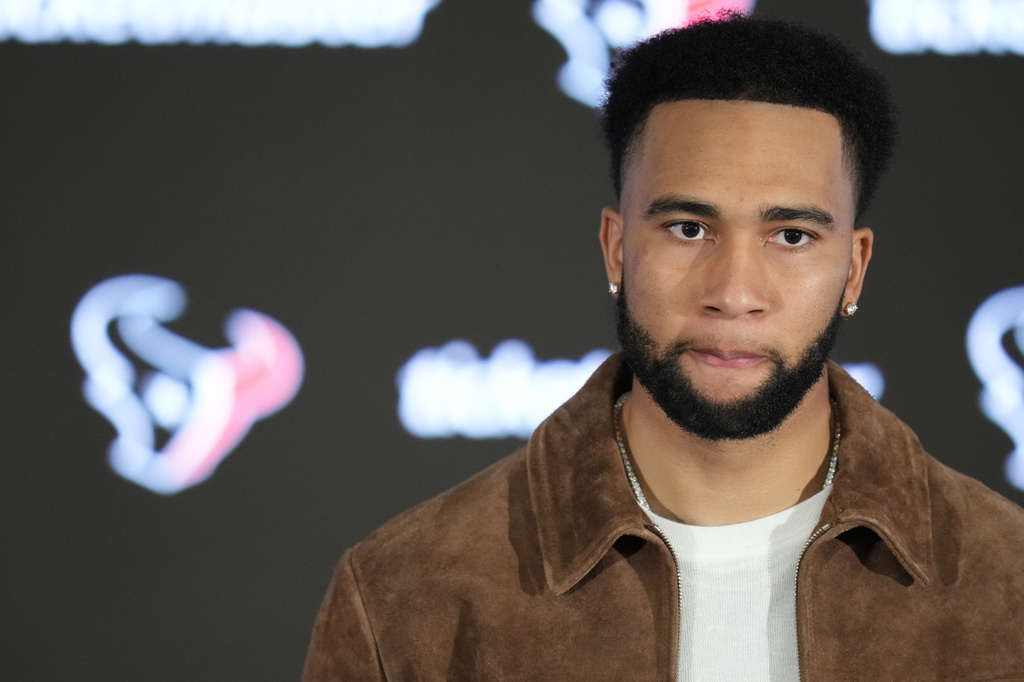 Houston Texans quarterback C.J. Stroud speaks after an NFL football game against the Dallas Cowboys in Houston, Sunday, Oct. 4, 2026. (AP Photo/Eric Christian Smith)
