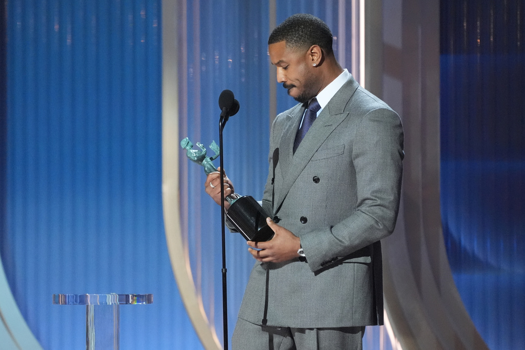 Michael B. Jordan accepts the award for outstanding performance by a male actor in a leading role for "Sinners" during the 32nd Annual Actor Awards on Sunday, March 1, 2026, at the Shrine Auditorium and Expo Hall in Los Angeles. (AP Photo/Chris Pizzello)