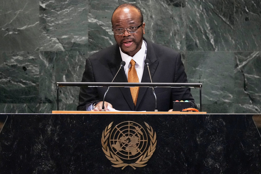 Eswatini King Mswati III addresses the 80th session of the United Nations General Assembly, Thursday, Sept. 25, 2025. (AP Photo/Richard Drew)