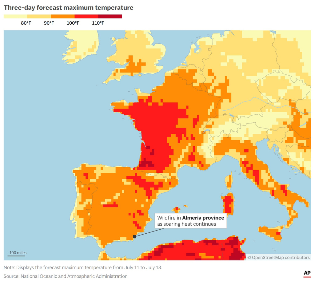 Map showing Almeria province, where a wildfire has struck amid high temperatures in Europe. (AP Digital Embed)