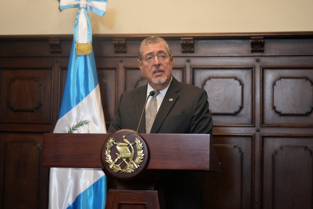FILE - Guatemalan President Bernardo Arevalo speaks to reporters in Guatemala City, March 5, 2026. (AP Photo/Moises Castillo, File)