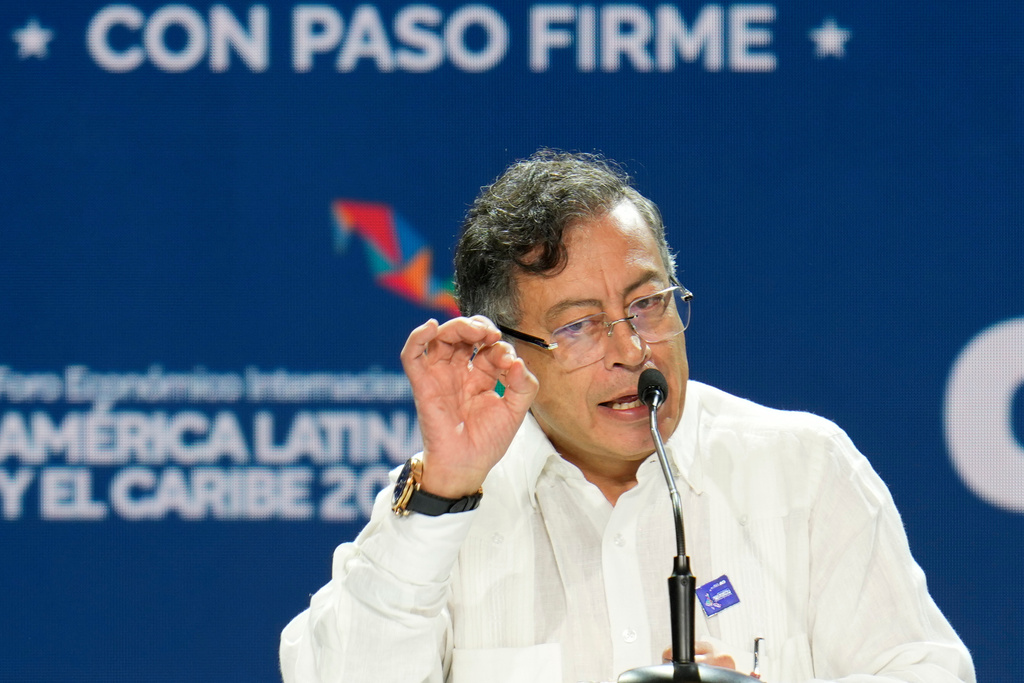 Colombian President Gustavo Petro speaks during an economic forum organized by the Development Bank of Latin America and the Caribbean (CAF) in Panama City, Wednesday, Jan. 28, 2026. (AP Photo/Matias Delacroix)