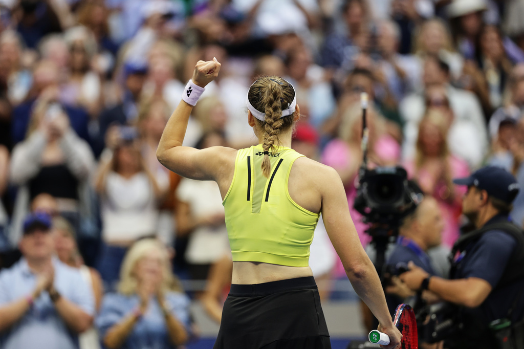 Elena Rybakina, of Kazakhstan, celebrates winning the women's singles final of the U.S. Open tennis championships against Aryna Sabalenka, of Belarus, Saturday, Sept. 12, 2026, in New York. (AP Photo/Adam Hunger)