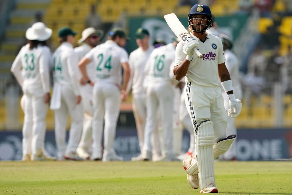 India's Dhruv Jurel walks off the field after losing his wicket on the third day of the second cricket test match between India and South Africa in Guwahati, India, Saturday, Nov. 22, 2025. (AP Photo/Anupam Nath)