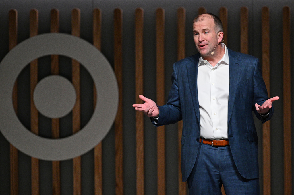 FILE - Target CEO Michael Fiddelke speaks at Target's Financial Community Meeting at Target headquarters in Minneapolis, Tuesday, March 3, 2026. (AP Photo/Tom Baker, File)