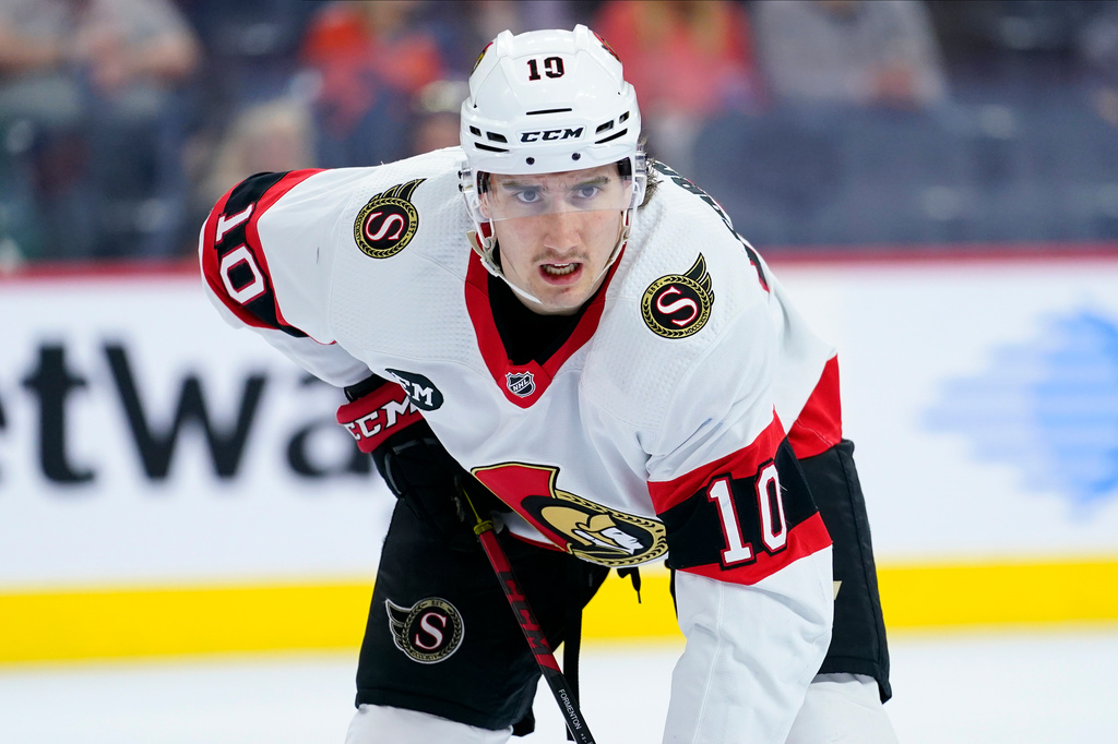 FILE - Ottawa Senators' Alex Formenton plays during an NHL hockey game, April 29, 2022, in Philadelphia. (AP Photo/Matt Slocum, File)