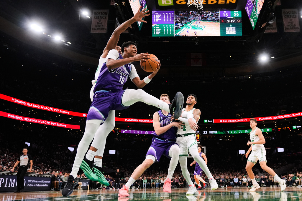 Utah Jazz forward Ace Bailey (19) drives to the basket against the Boston Celtics during first half of an NBA basketball game, Monday, Nov. 3, 2025, in Boston. (AP Photo/Charles Krupa)
