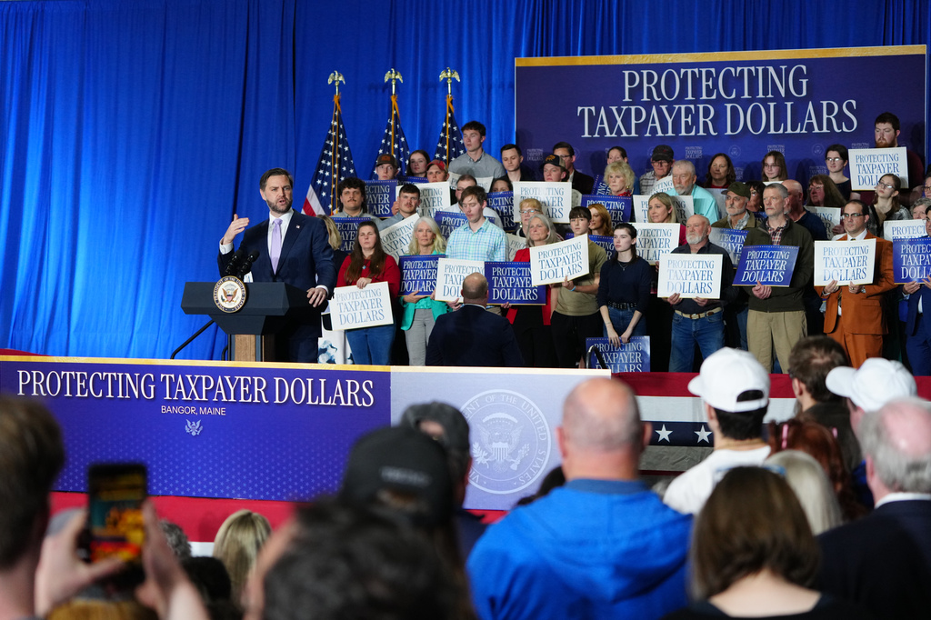 Vice President JD Vance delivers remarks concerning the Trump administration's efforts to combat fraud, in Bangor, Maine, Thursday, May 14, 2026. (Tierney L. Cross/The New York Times via AP, Pool)