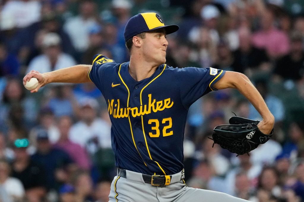 Milwaukee Brewers starting pitcher Jacob Misiorowski throws against the Chicago Cubs during the first inning of a baseball game in Chicago, Wednesday, Sept. 2, 2026. (AP Photo/Nam Y. Huh)