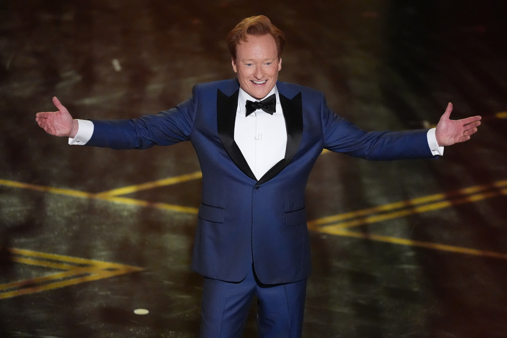 Host Conan O'Brien appears during the Oscars on Sunday, March 15, 2026, at the Dolby Theatre in Los Angeles. (AP Photo/Chris Pizzello)