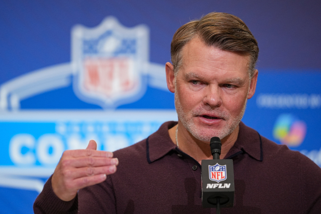 Indianapolis Colts general manager Chris Ballard speaks during a press conference at the NFL football scouting combine in Indianapolis, Tuesday, Feb. 24, 2026. (AP Photo/Michael Conroy)