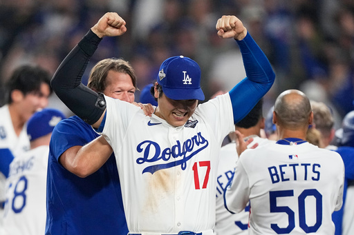 Los Angeles Dodgers' Shohei Ohtani celebrates their win against the Toronto Blue Jays during the 18th inning in Game 3 of baseball's World Series, Monday, Oct. 27, 2025, in Los Angeles. (AP Photo/Brynn Anderson) Los Angeles Dodgers' Shohei Ohtani celebrates their win against the Toronto Blue Jays during the 18th inning in Game 3 of baseball's World Series, Monday, Oct. 27, 2025, in Los Angeles. (AP Photo/Brynn Anderson)