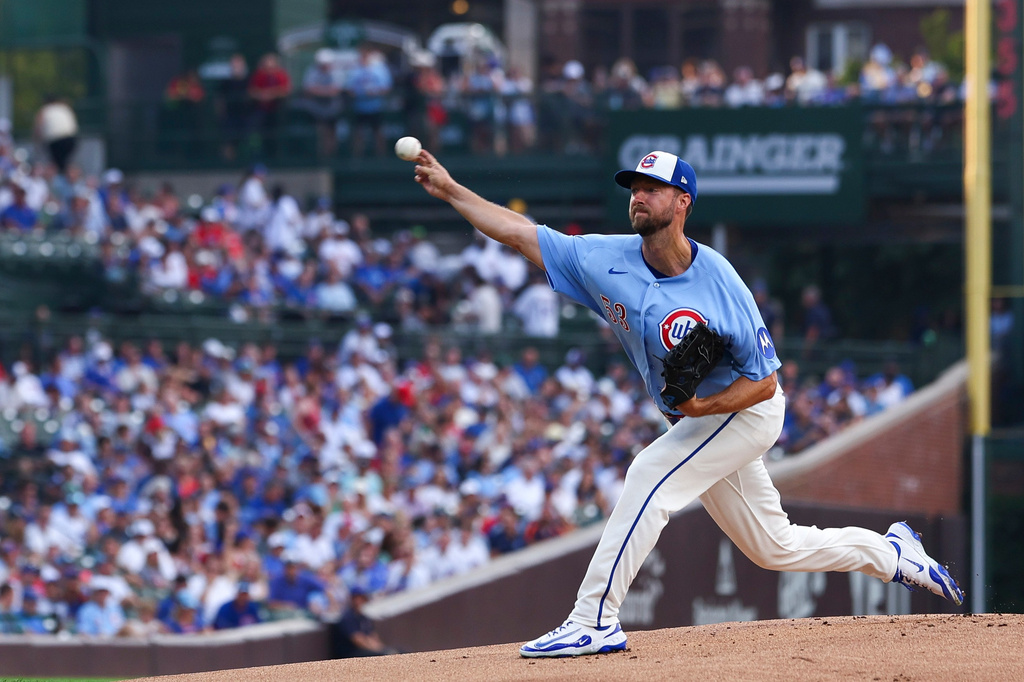 Chicago Cubs pitcher Colin Rea throws to a Minnesota Twins batter during the first inning of a baseball game in Chicago, Friday, July 17, 2026. (AP Photo/Jessie Alcheh)