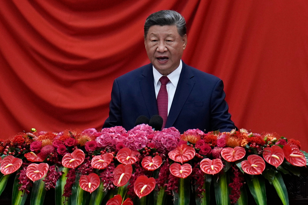 Chinese President Xi Jinping speaks at the National Day Reception at the Great Hall of the People on the eve of the 76th anniversary of the founding of the People's Republic of China in Beijing, Tuesday, Sept. 30, 2025. (AP Photo/Ng Han Guan)