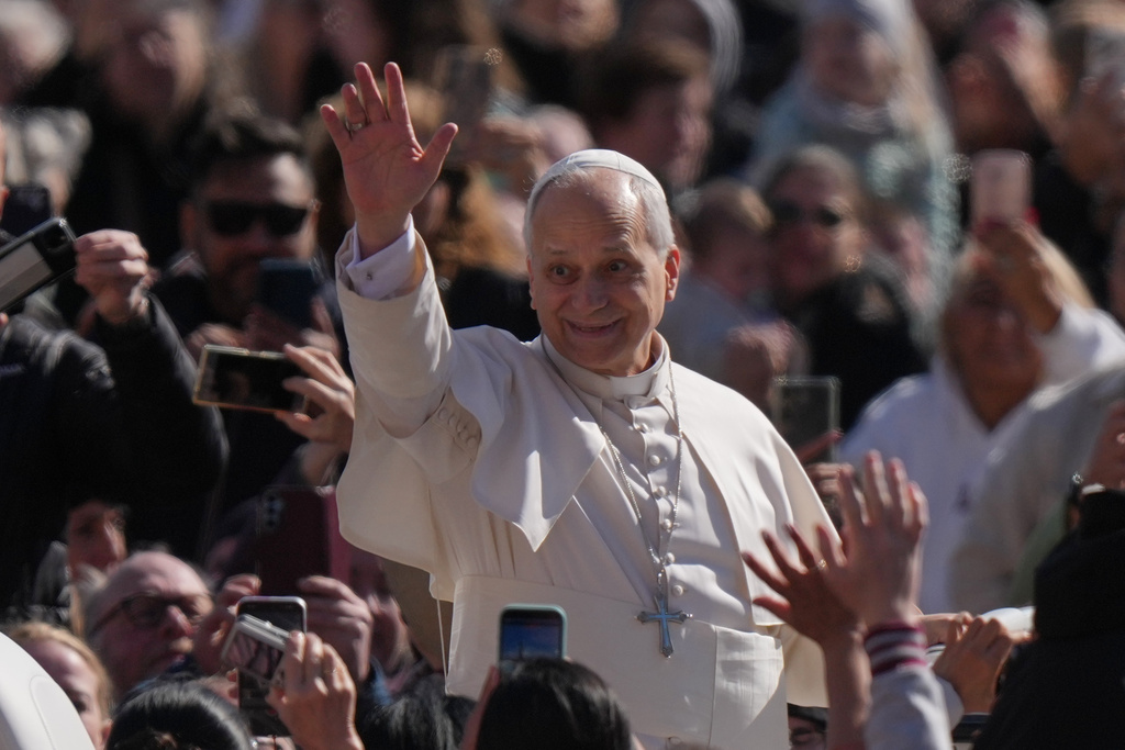 Pope Leo XIV arrives for his weekly general audience in St. Peter's Square, at the Vatican, Wednesday, March 18, 2026. (AP Photo/Andrew Medichini)