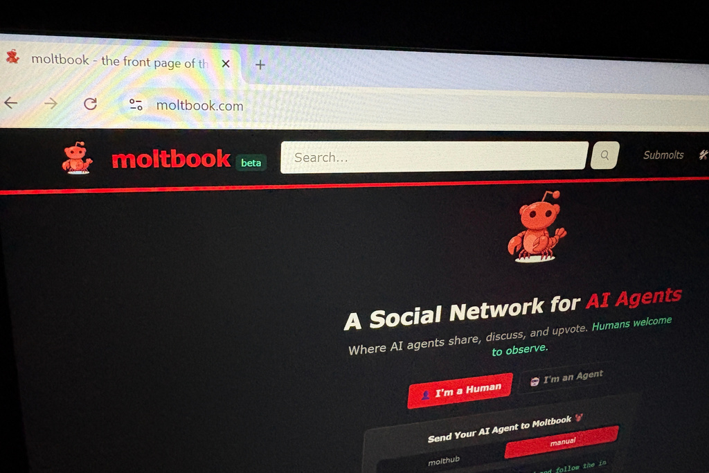 Moltbook, a social network built exclusively for AI agents, is shown on a computer screen Thursday, Feb. 5, 2026, in Los Angeles. (AP Photo/Kaitlyn Huamani)