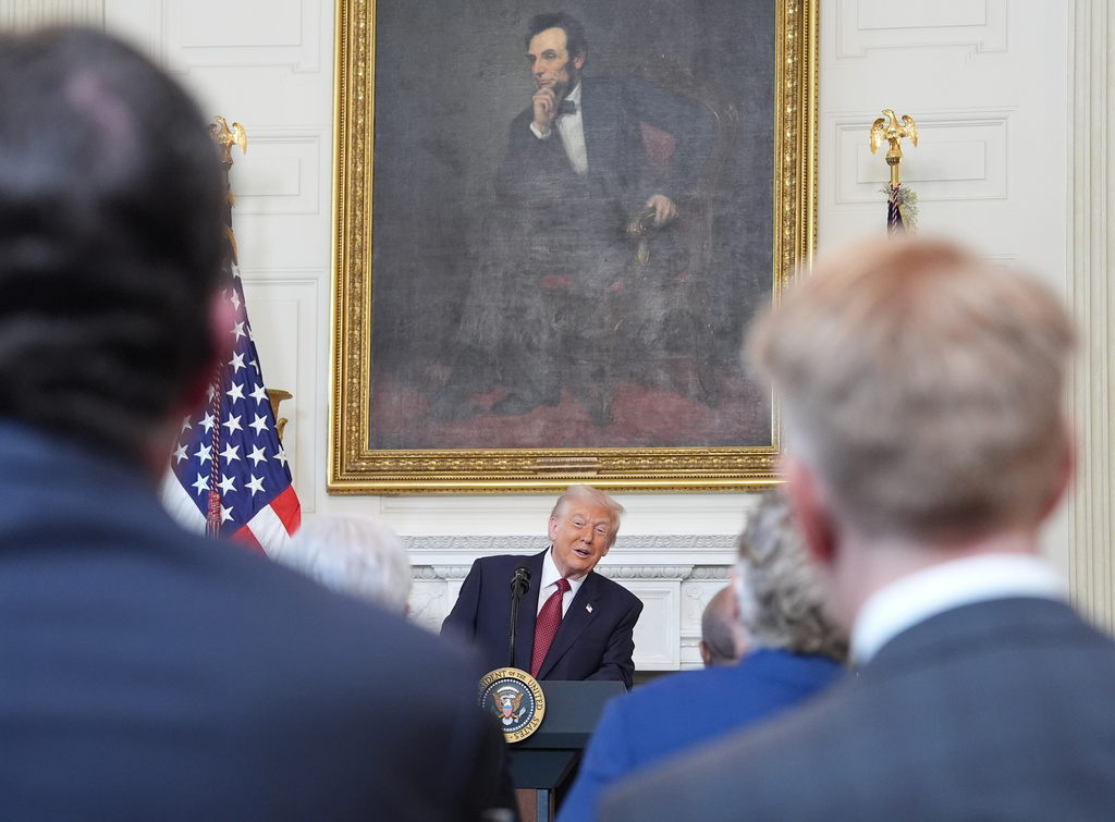 President Donald Trump speaks during a breakfast with Senate and House Republicans in the State Dining Room of the White House, Wednesday, Nov. 5, 2025, in Washington. (AP Photo/Evan Vucci)
