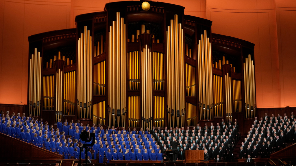 FILE - Members of the Tabernacle Choir at Temple Square perform during the twice-annual conference of the Church of Jesus Christ of Latter-day Saints, Sunday, April 7, 2024, in Salt Lake City. (AP Photo/Rick Bowmer,File)