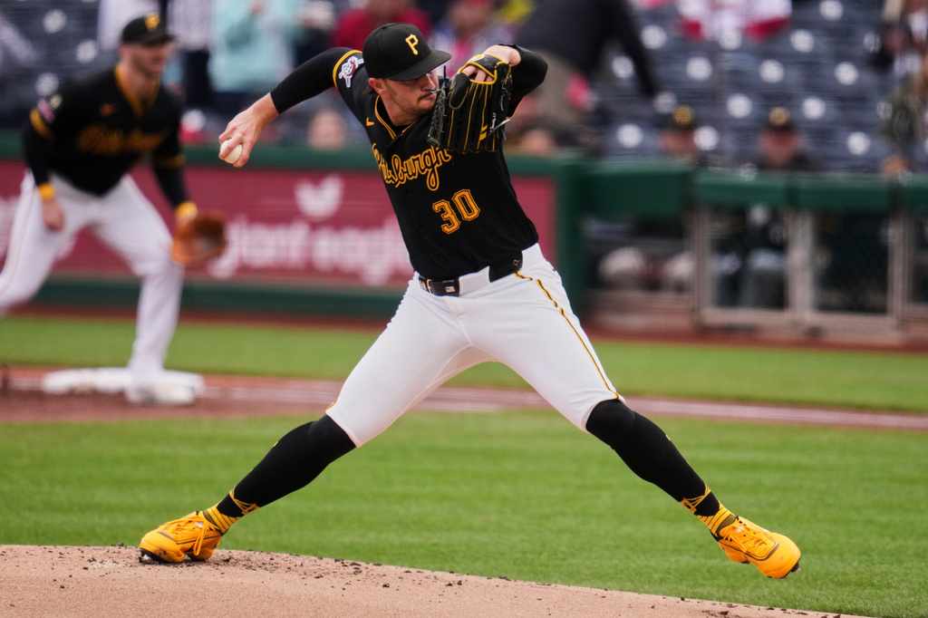 Pittsburgh Pirates pitcher Paul Skenes delivers during the first inning of a baseball game against the St. Louis Cardinals in Pittsburgh, Thursday, April 30, 2026. (AP Photo/Gene J. Puskar)